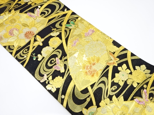 正絹 袋帯 振袖用 牡丹に蝶(未使用品)